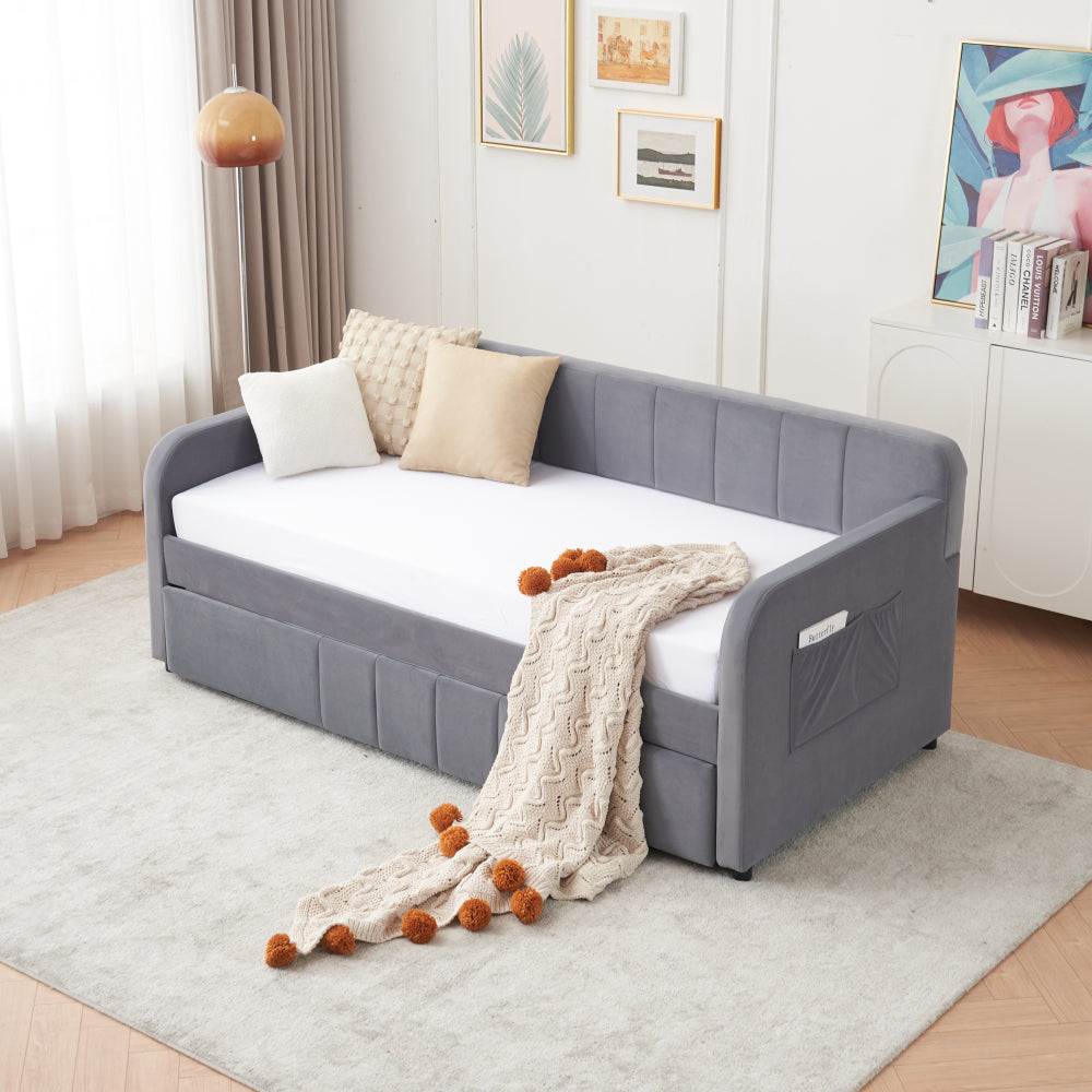 Twin Upholstered Daybed Frame with Trundle, Twin Size Sofa Bed for Bedroom Living Room Guest Room, Wood Slat Support,Grey