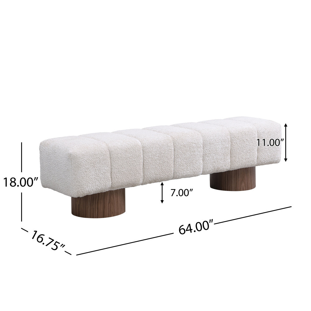Upholstered Dining Bench for Dining Room, No-Assembly End of Bed Entryway Bench Ottoman for Bedroom Living Room, Beige Faux Fur Fabric Stool Top Wood Leg 300 LBS Weight Capacity