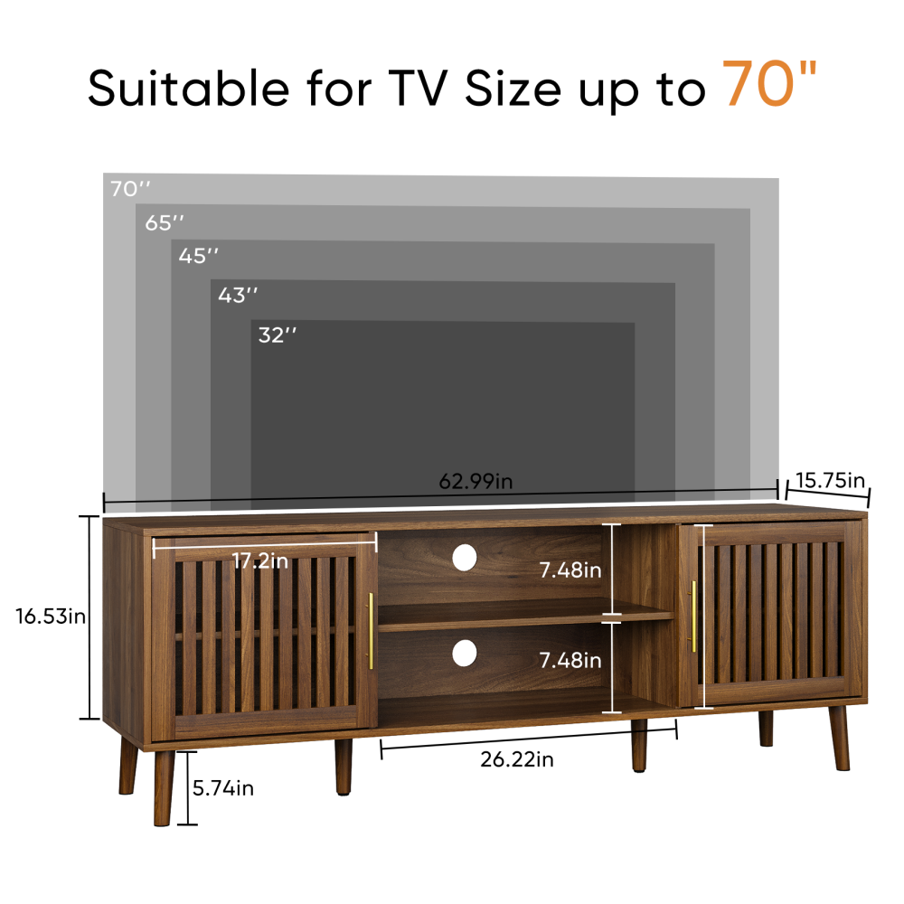 63 inch TV stand with 2 grille door cabinets and adjustable storage rack, suitable for medieval modern TV cabinets with 55/65/70 inch TVs, entertainment center with storage space, walnut wood