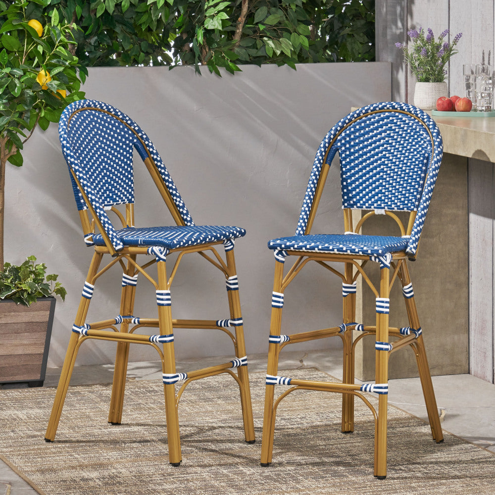 29.5" Outdoor PE Rattan French Barstool, Rust Red and White, Aluminum Frame with Bamboo Finish (Set of 2)
