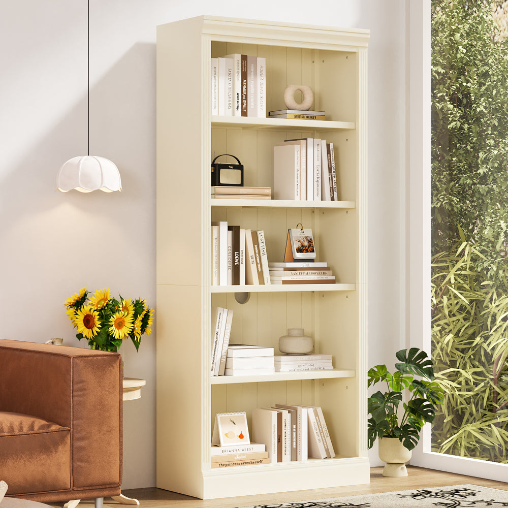 83.4" Tall Wood Bookcase with light strip,5-Tier Decor Bookshelves with Adjustable Shelves,Storage Organizer for CDs/Books,Free Standing Storage Shelves for Living Room,Home Office,Beige and Yellow