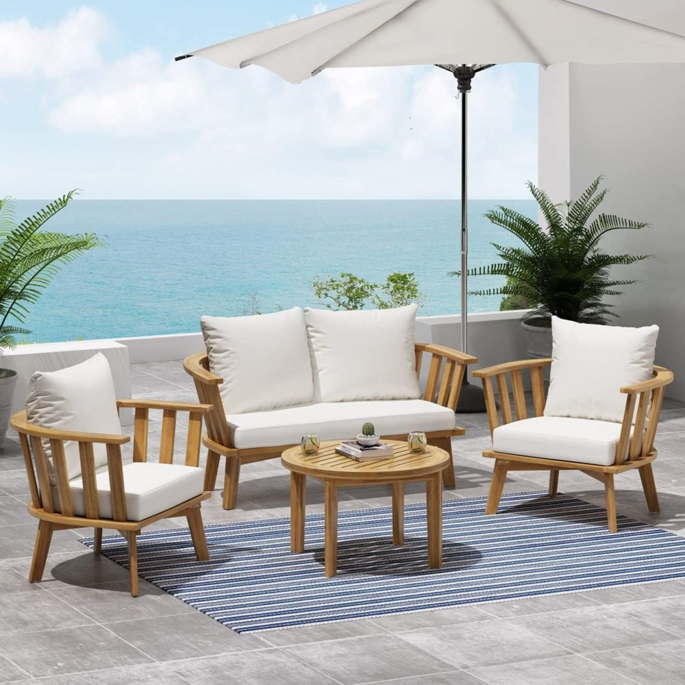 Set of 2, Outdoor Acacia Wood Patio Club Chair, Wooden Patio Furniture,Waterproof Thick Cushion Deep Seating for Porch, Garden, Backyard, Balcony, Weight Capacity 400lbs, Teak Finish, White