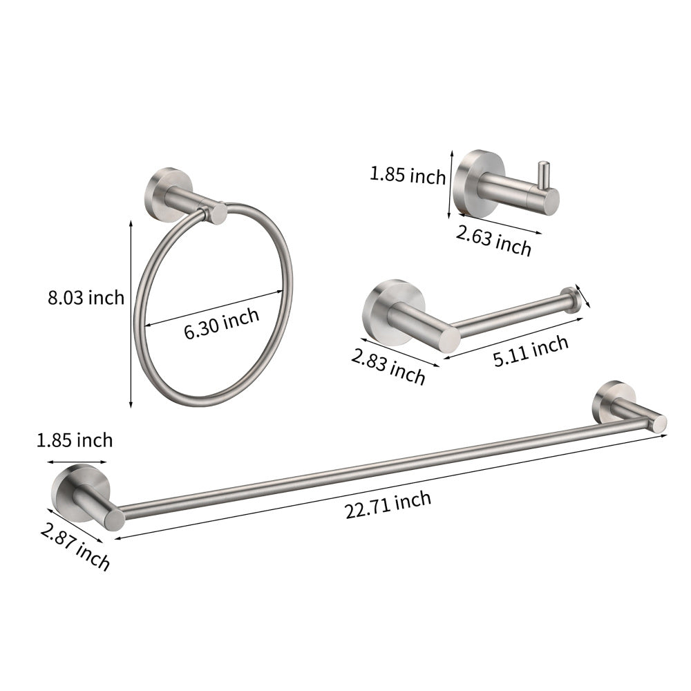 (4-Pack) Bathroom Set  Brushed Nickel 22.7 Towel Bar Racks, Toilet Paper Holder, Ring, Hook, Accessories , Hardware,Fixtures