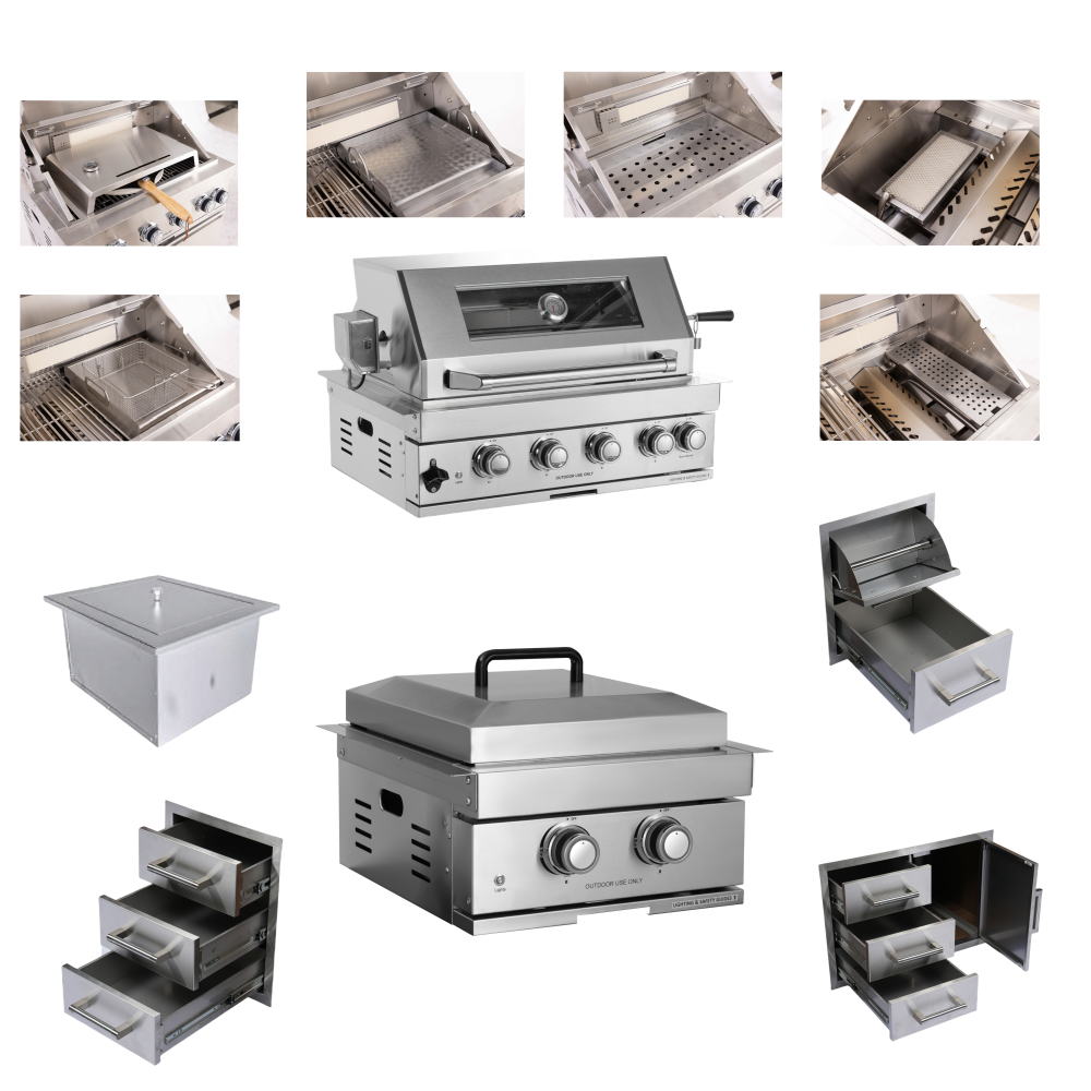 Built-in Outdoor Kitchen 32 inch LPG Gas Grill 60000 BTU Stainless Steel Four burners Grill with Infrared Rear Bunrer and Door and Drawer Combo and Drop in Stainless Steel ICE BOX with BBQ Tool Set