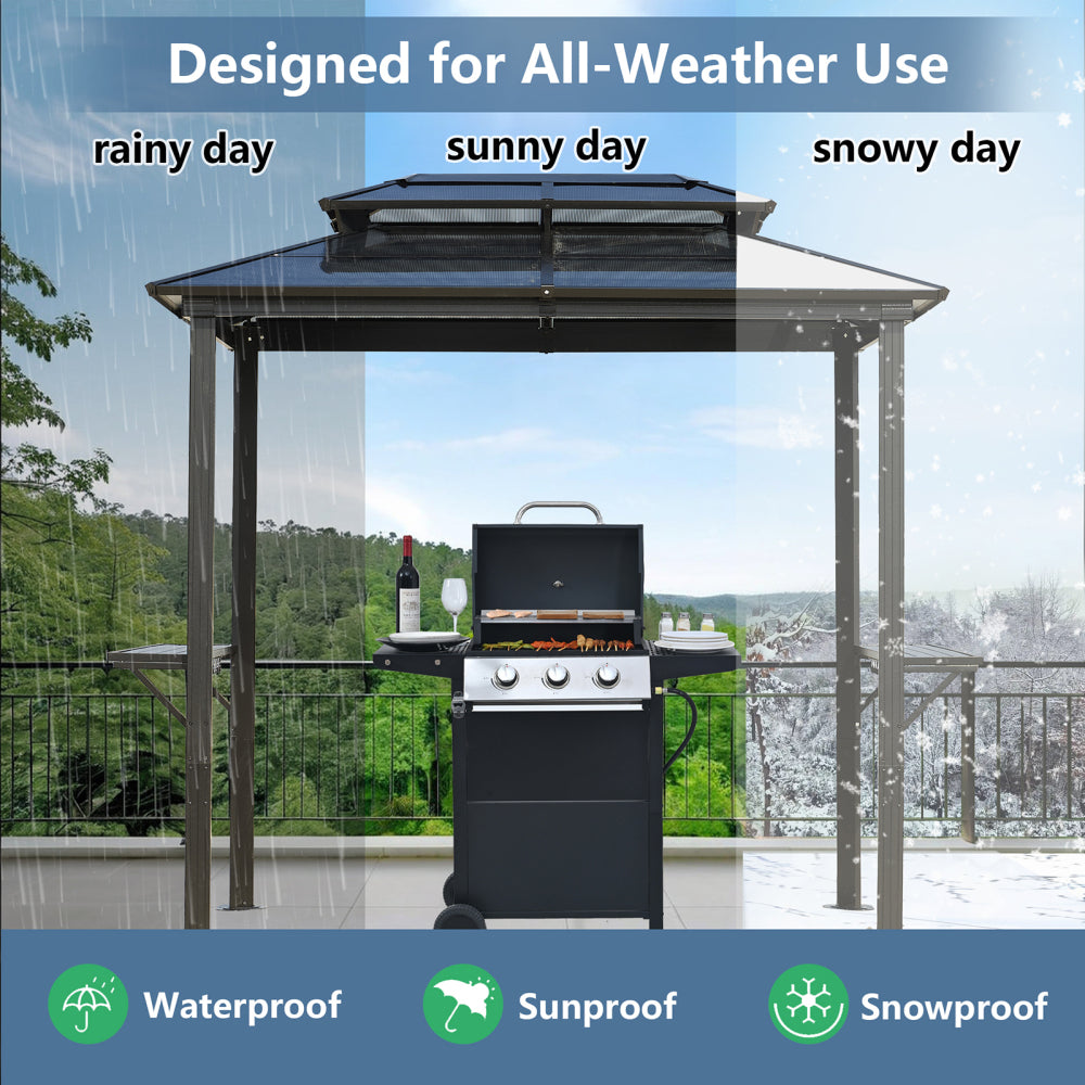 Outdoor Grill Gazebo 8 x 5FT, Hardtop BBQ Gazebo with UV-Resistant Polycarbonate Roof & Storage Hooks for Patio, Lawn, Garden