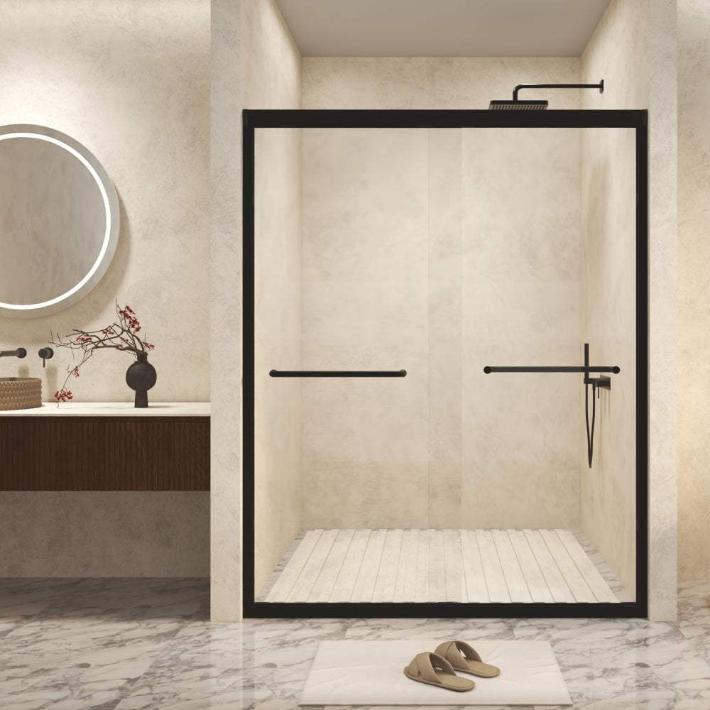 44-48" W × 72" H Tempered Glass with Explosion Proof Film, Aluminum Frame Double Sliding Shower Door, "1/4 (6 mm), Stainless Steel handle, Matte Black
