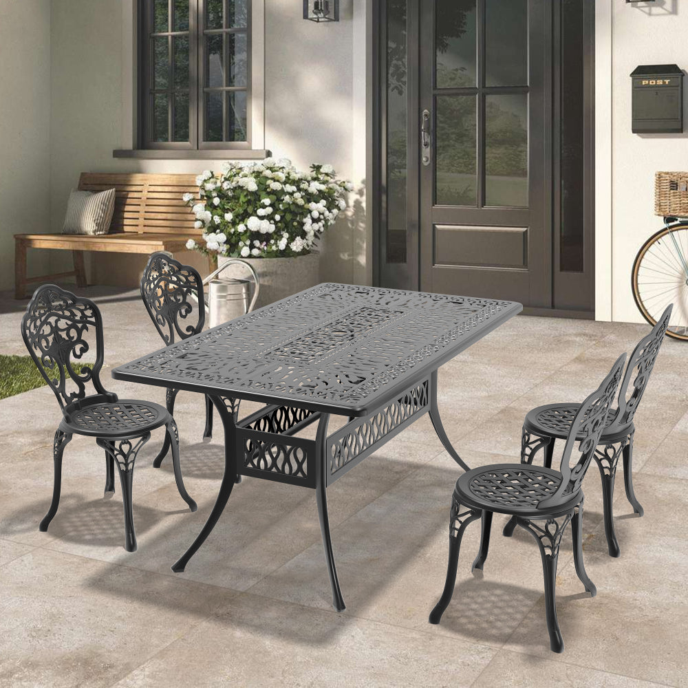 L58.27*W34.65-inch Cast Aluminum Patio Dining Table With Black Frame and Umbrella Hole