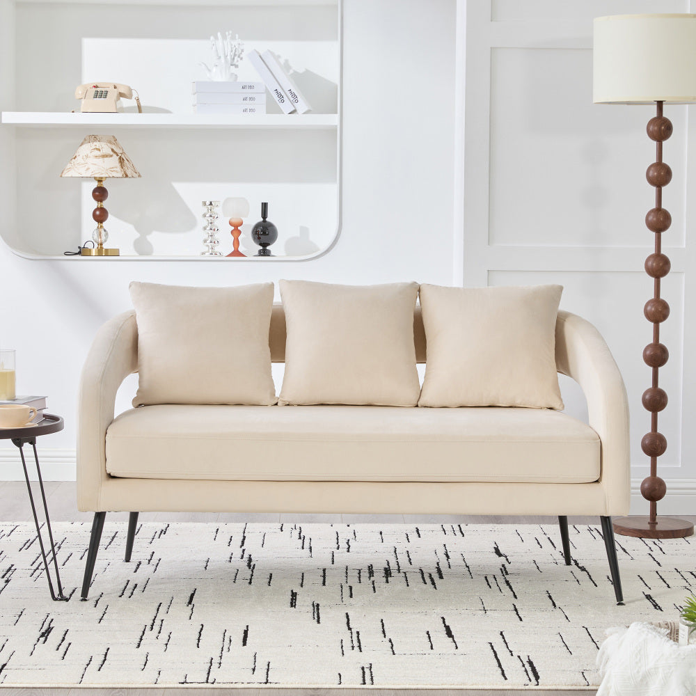 53.7"Modern Upholstered Velvet Open Back Loveseat Settee with 3 Pillows, Small Comfy Sofa 2-Seater Mini Sofa for Small Space with Metal Legs, Living Room Bedroom Office Dorm Studio Apartment, Beige