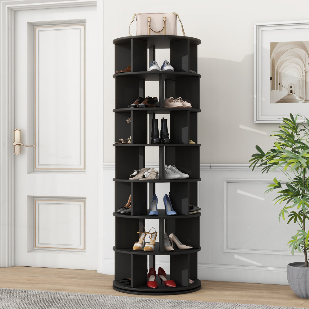 ON-TREND Φ23.6'' Rotating Shoe Rack Tower, 7-Tier Spinning Shoe Shelf with 5 Grids Per Layer, Display Rack, 360° Revolving Shoe Carousel Closet Organizer for Entryway, Living Room, Black