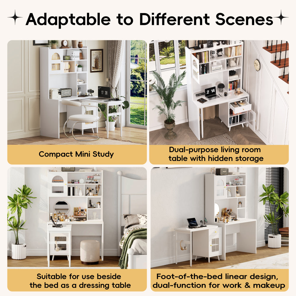 Computer Desk with 90 Degree Rotating Desktop, 43x70 Inch Office Desk with Storage Drawer and Cabinets, Gaming Desk with Shelves, Writing Desk for Study, Work Desk for Home Office Bedroom Living Room