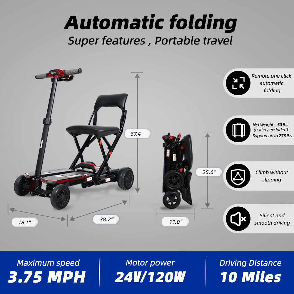 SOLAX 4-Wheel Remote Folding Mobility Scooter for Adults and Seniors, super lightweight and compact plus NFC Electric Foldable Mobility Scooter With Suspenion capacity.