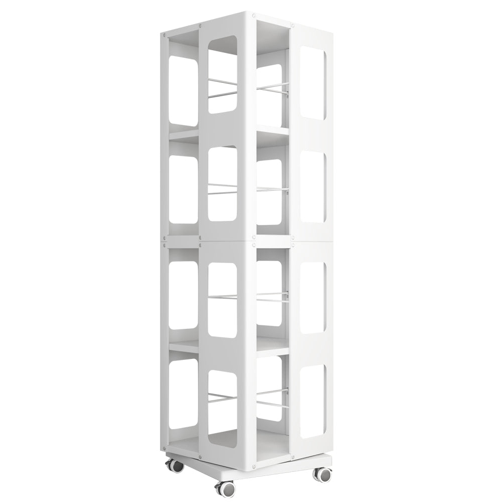 4-Tier All-Steel Rotating Bookshelf with 360° Wheels, Large Size Sturdy & Spacious Book Rack, New Style White Bookshelf,Easy Assembly