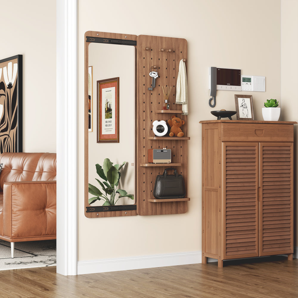 Wall Mounted Full Length Mirror, Full Body Mirror with Shelf, Full Body Mirror with Hook Wall Mounted Mirror with Multifunctional Design Panel, Bedroom/Living Room/Entrance White(47.6*15.7in)