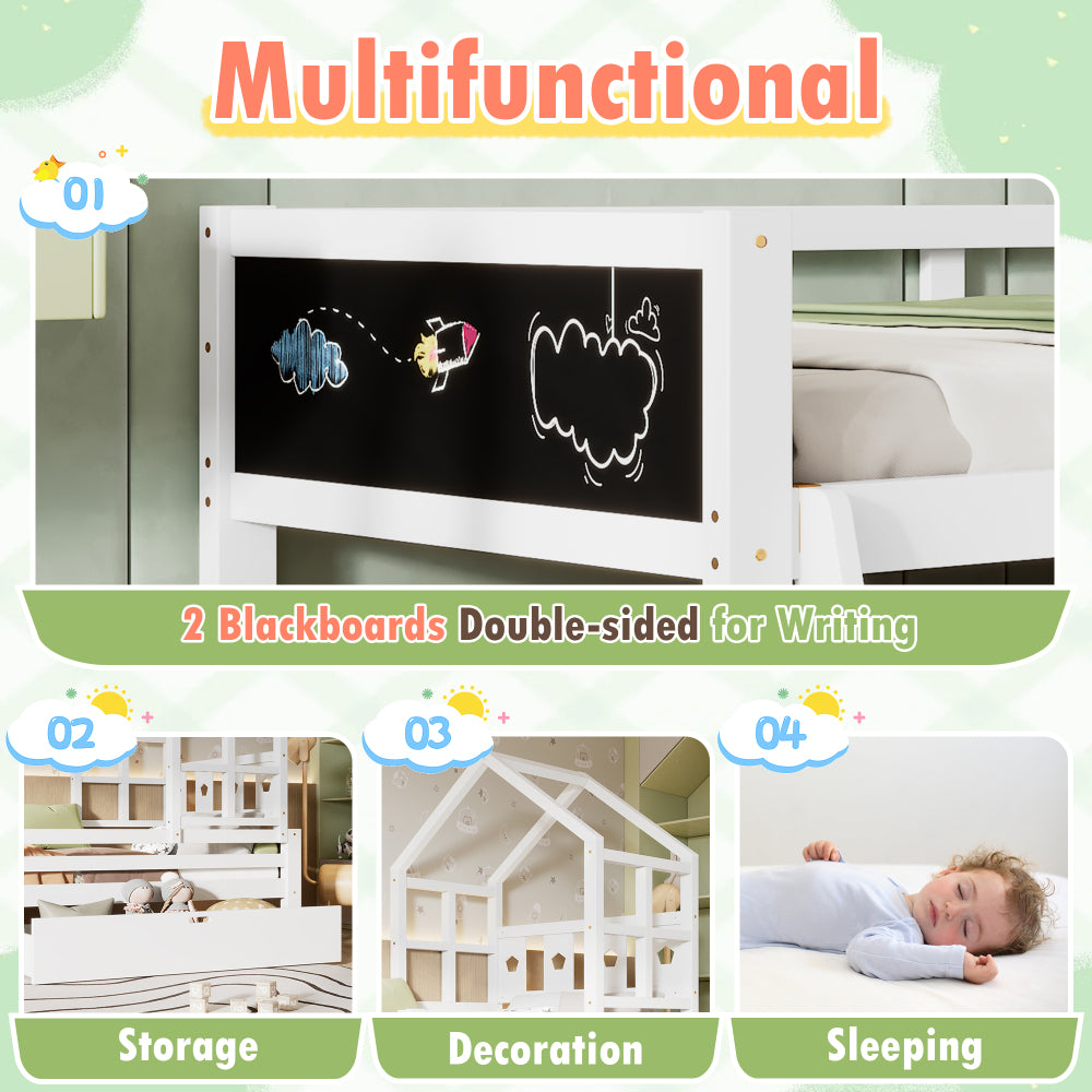 Twin Size House Bed with Ladder and Storage Drawers for Kid Bedroom,Solid Wood Platfrom Bedframe with 2 Blackboard Design, No Box Spring Needed, White
