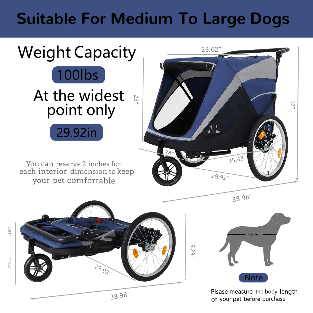 2-in-1 Bike Trailer & Push Cart for Pets - Detachable Bike Hitch & Push Handle Included - Quick Release Wheel, Internal Leash, Dual Cup Pockets and Underneath Storage Bag,  Holds Pets Up to 88 lbs