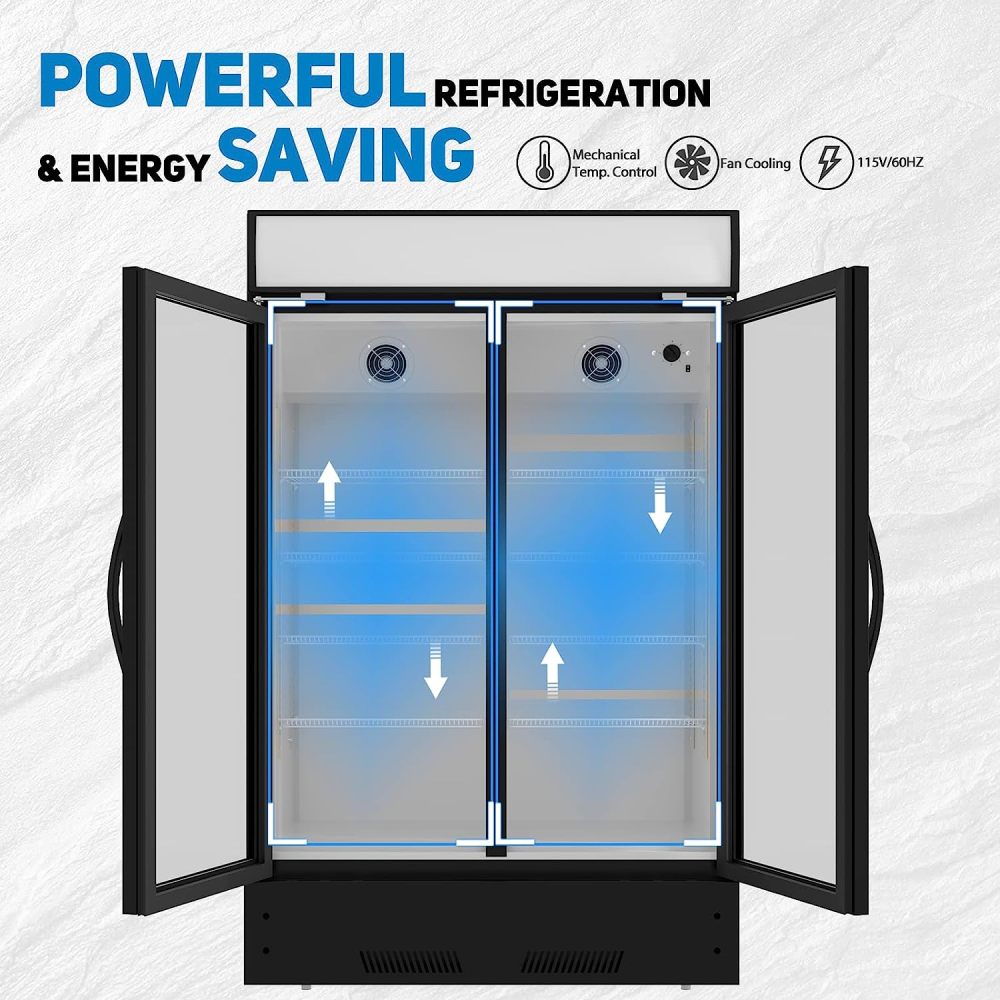 Commercial Refrigerator 2 Glass Door Reach In Cooler, Commercial Display Merchandiser Fridge, Capacity 17.1 cuft, ETL Approved, Black