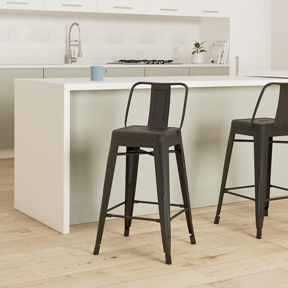 Modern Light Weight Industrial Contemporary Rustic Vintage Costal Metal Barstools with Bucket Back and 4 Leg Design, Seat Bar Stools (Set of 2) (30" Seat, Matte Black)
