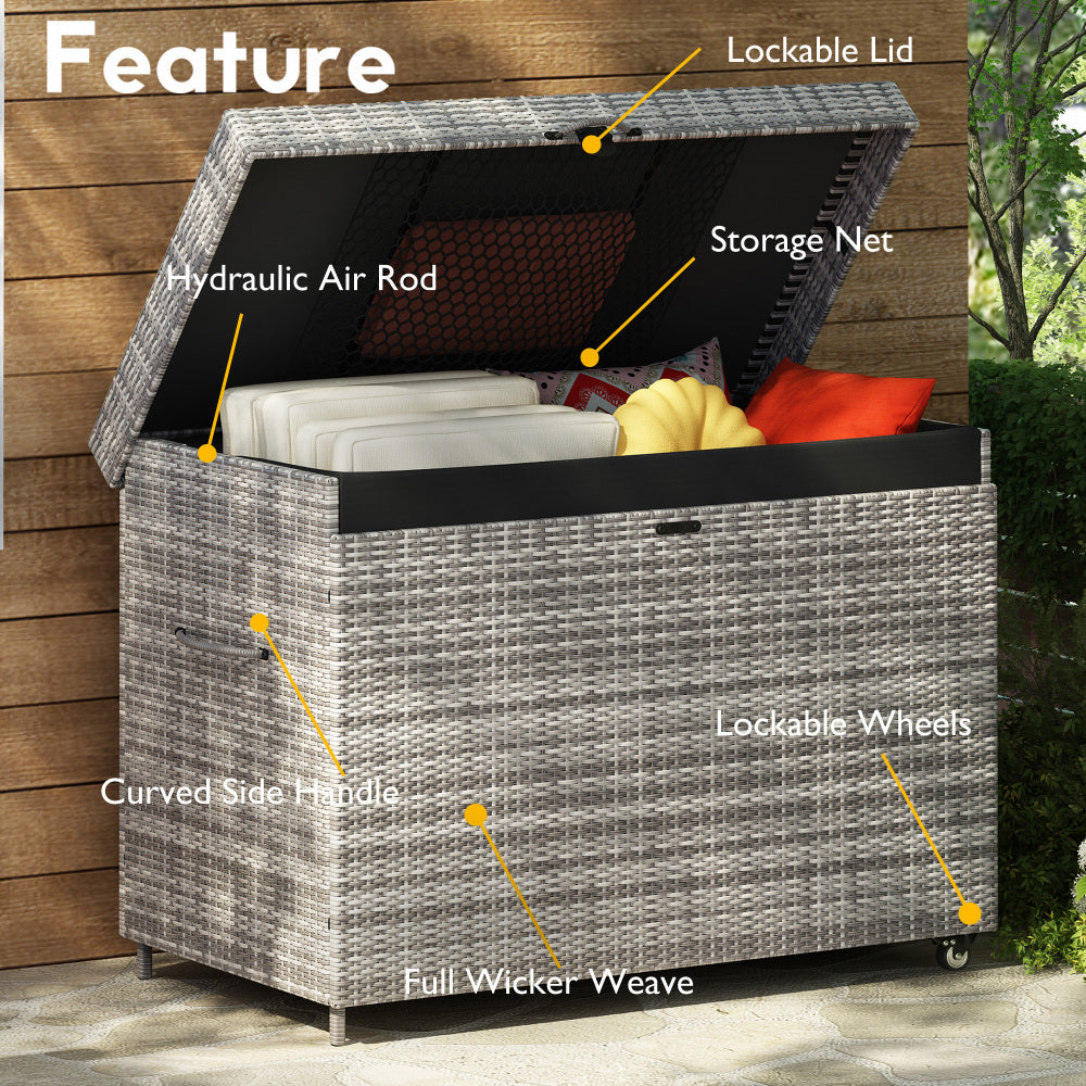 K&K 230 Gallon Wicker Deck Box with Wheels, All-Weather Outdoor Storage Box, Rattan Storage Bin for Patio Furniture, Outdoor Cushions, Pool Storage and Garden Tools - Grey