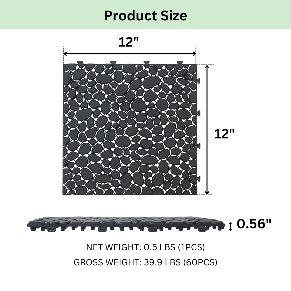 12 x 12 Inch Black Interlocking Deck Tiles Plastic Waterproof Outdoor All Weather Anti-slip Bathroom Shower Balcony Porch Strong Weight Capacity Upto 440 LBS, Pebble Stone Pattern Pack of 60