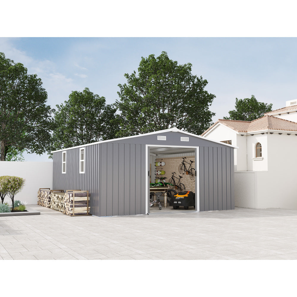 Campcraft  Outdoor Storage Shed 10×14 FT with 3 Lockable Doors,Utility Tool Shed Metal Storage Garden Sheds  Frame and 4 Vents,for Backyard,Patio,Lawn,Light Grey