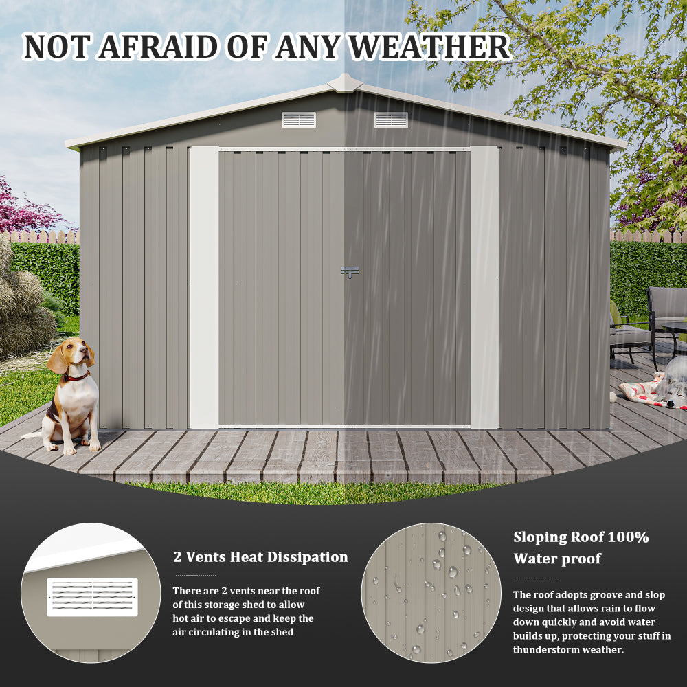 Campcraft  Outdoor Storage Shed 10×14 FT with 3 Lockable Doors,Utility Tool Shed Metal Storage Garden Sheds  Frame and 4 Vents,for Backyard,Patio,Lawn,Light Grey