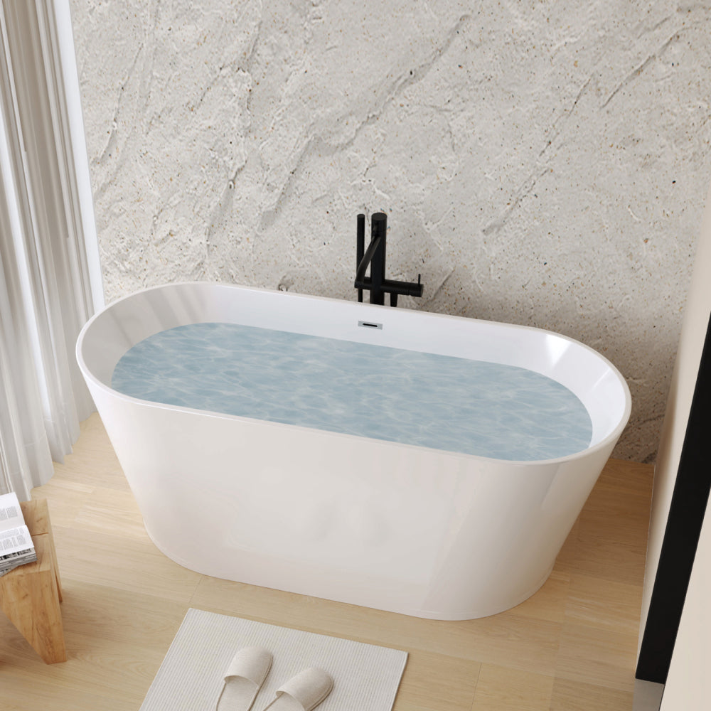55" Acrylic Freestanding Bathtub, Stand Alone Soaking Tub, Glossy White Acrylic, Toe-tap Chrome Drain, cUPC Certified