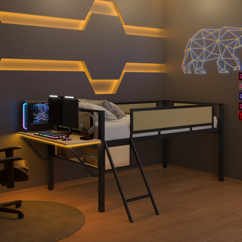 Single metal loft bed with rectangular desk, LED lights, LED loft bed frame double bed with storage shelves and hanging storage compartments, safety guard and ladder, no box springs required, rattan g