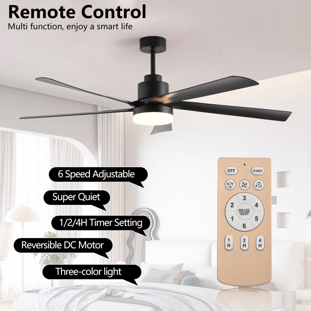 65 Inch Black Ceiling Fan with Light, 5-Blade Dimmable LED Ceiling Fan with Remote Control, Modern Quiet Design for Living Room and Bedroom (Silent/6-Speed/Reversible/DC Motor)