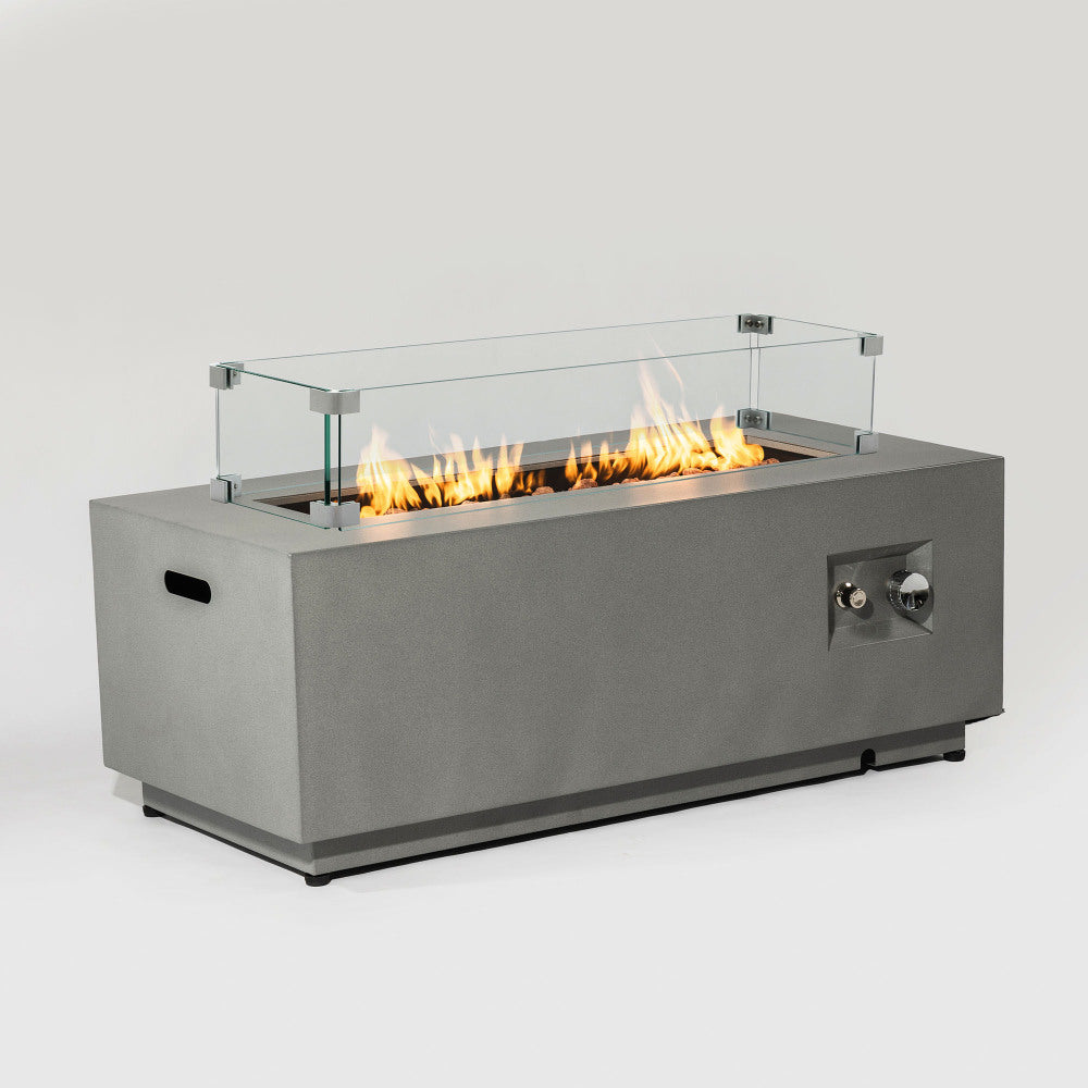 42" Propane Gas Fire Pit Table 2-Pieces, 50000 BTU Rectangular Steel Fire Pit with Glass Wind Guard for Outside Patio Deck Garden Courtyard -Gray