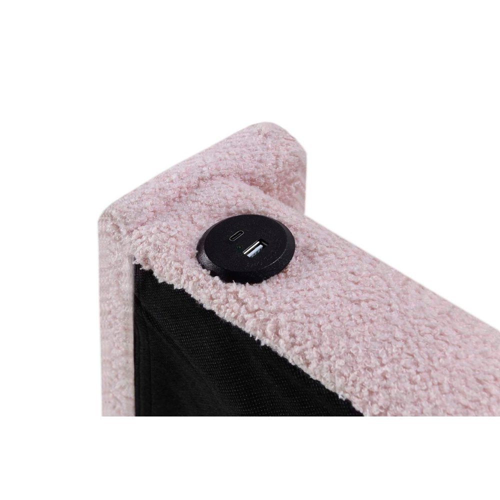 PINK TWIN SIZE UPHOLSTERED BED FRAME WITH TRUNDLE BED, TEDDY FABRIC, USB FUNCTIONALITY, AND A POCKET DESIGN ON THE SIDE OF THE HEADBOARD FOR STORING SMALL ITEMS. PINK IS A GIRL'S FIRST CHOICE!
