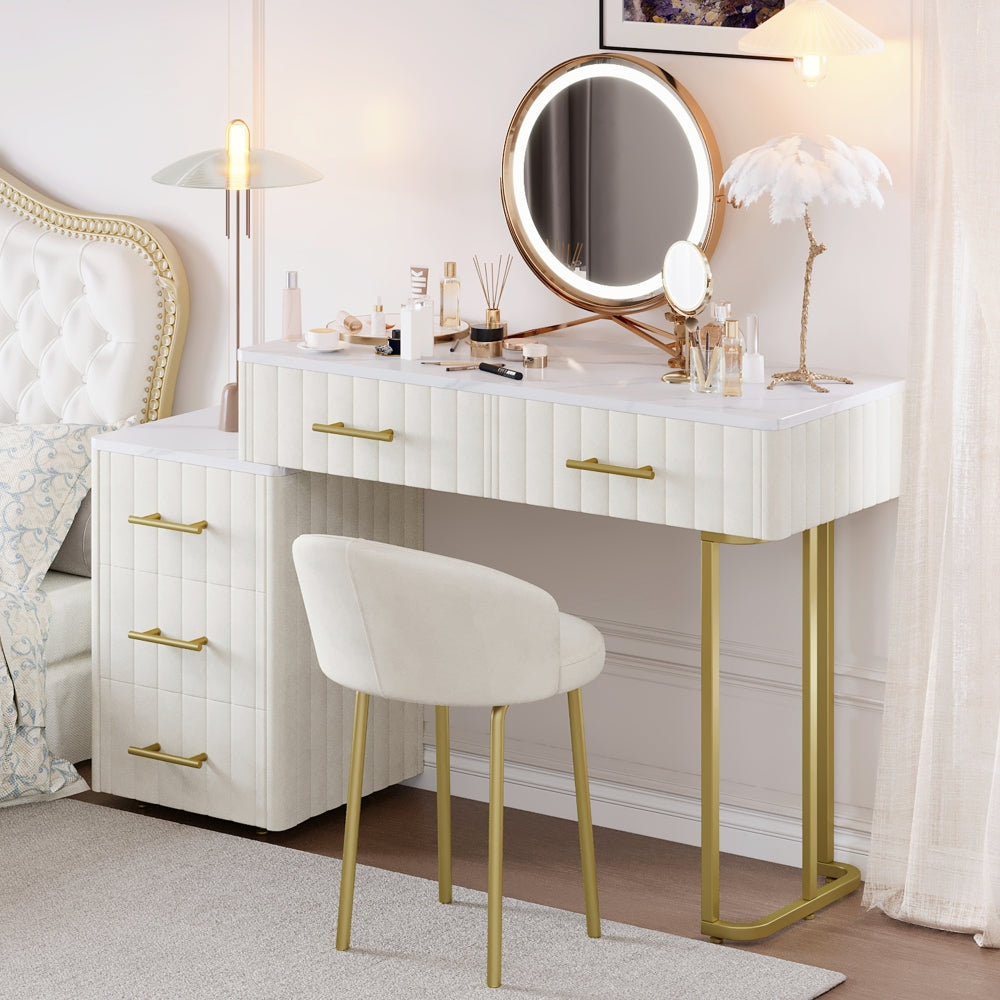 Velvet Upholstered Vanity Desk with Chair, Vanity Set with 5 Big Drawers, Makeup Table with Padded Chair, Marble-Look Sticker Top Dressing Table with Left/Right Adjustable Storage, Beige
