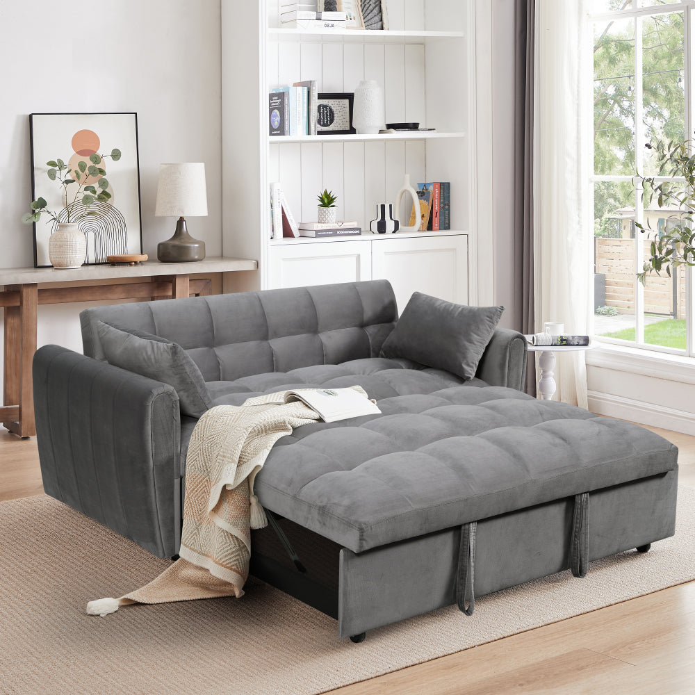 65"3-in-1 foldable large size sofa bed, modern velvet double sofa, sofa bed with adjustable back, storage bag and pillow, suitable for living room, bedroom (beige)