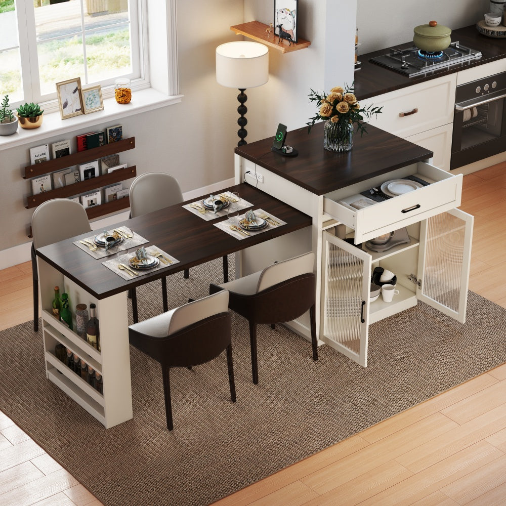 83.1'' Extendable Kitchen Island with Slide Out Table and Storage Racks for 2-6 Person,Kitchen Island with Tempered Glass Doors,Walnut Woodgrain Dining Table,Power Outlet,Bar,Prep Station(Cream White)