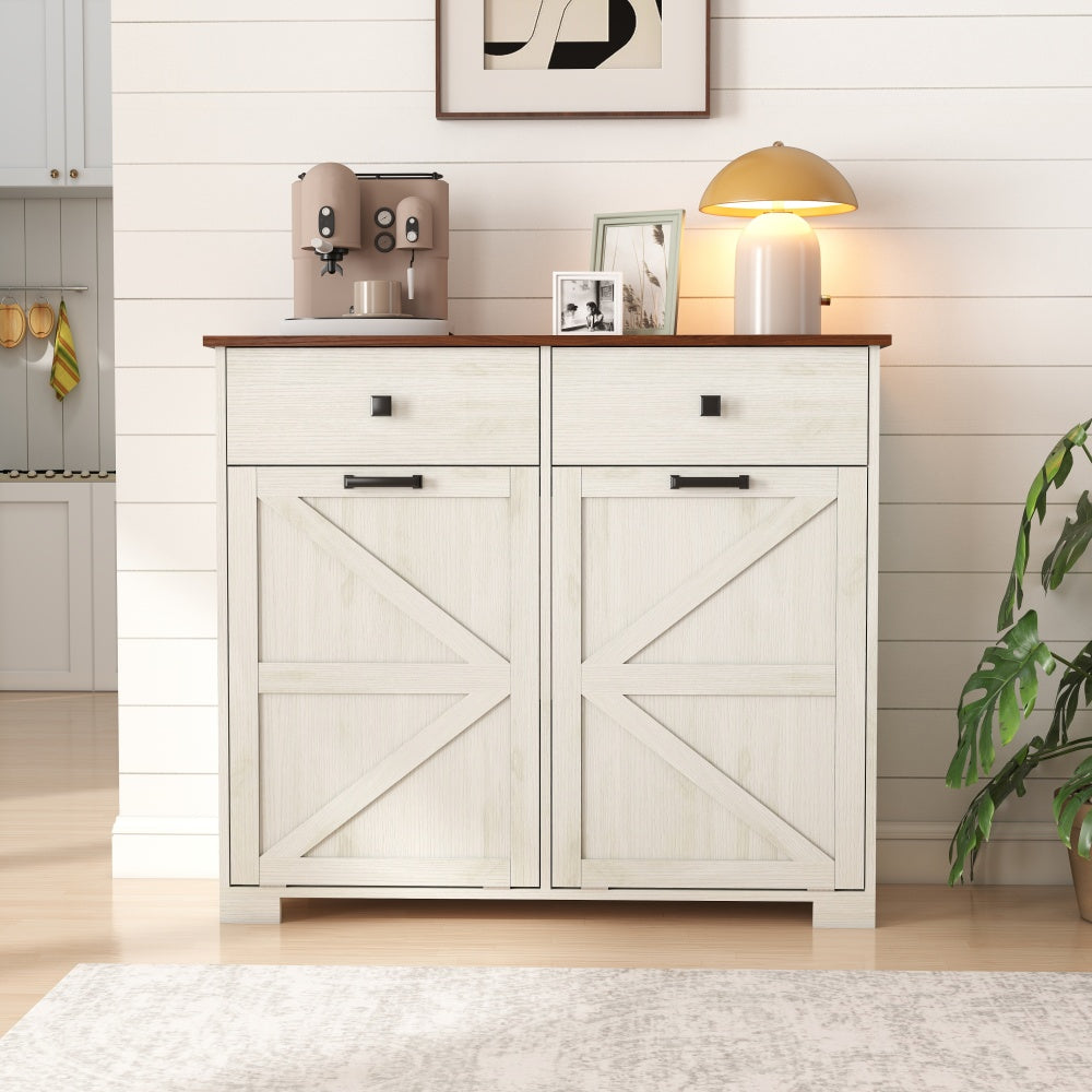 Farmhouse Double Tilt Out Trash Cabinet for 20 Gallon Trash Cans, Free Standing Recycling Cabinet with Hideaway Drawer, Barn Door Style Laundry Sorter Cabinet, Tilt Out Trash Cabinet for Kitchen