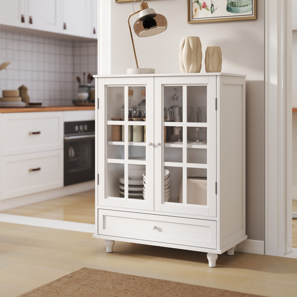 Minimalist White Buffet Cabinet with Double Glass Doors and Drawer, Modern Wooden Storage Sideboard Cupboard for Living room, Dining Room Hallway Entryway