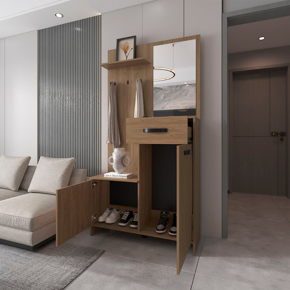 FM FURNITURE Elko Hall Tree Multistorage with a Mirror. Natural Oak