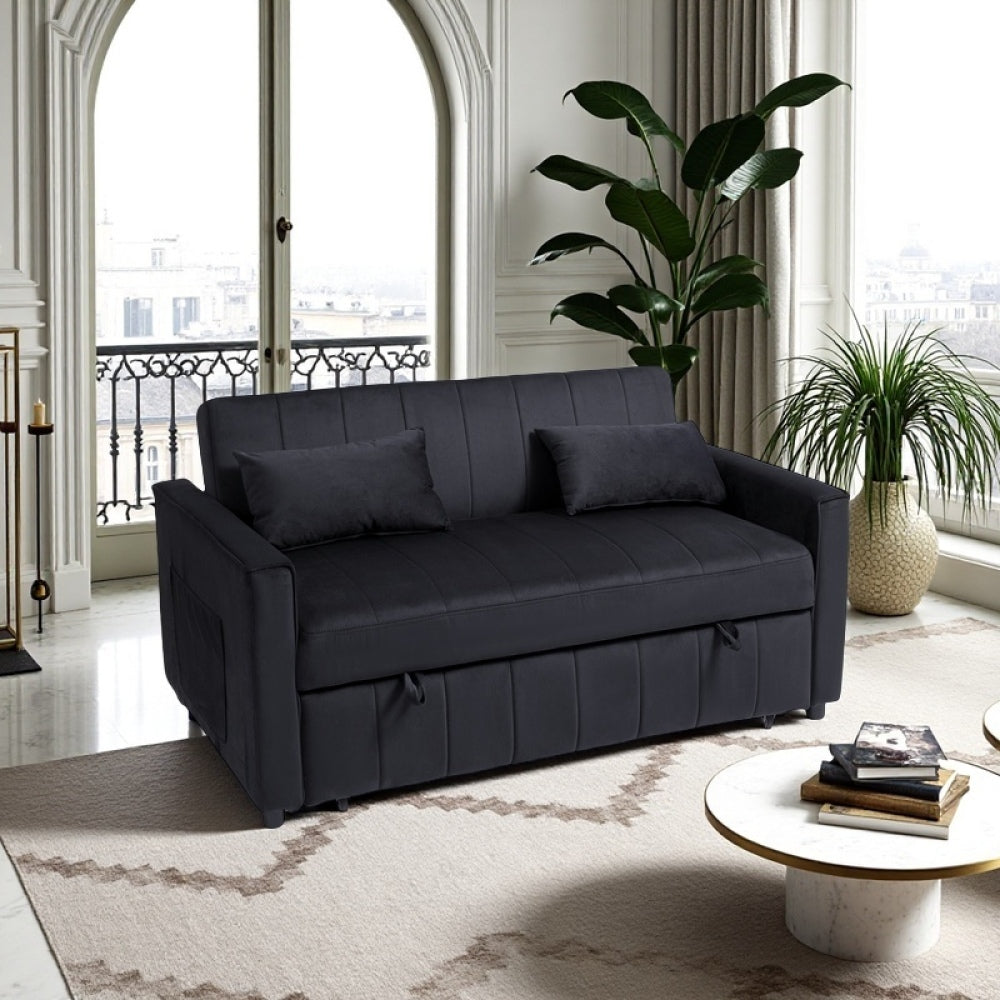 Sleeper Sofa Bed, 3-in-1 Velvet Pull Out Couch with Armrests, Storage Pockets and 2 Pillows, Adjustable Backrest, Sofa Bed Couch for Living Room, Bedroom(Black)