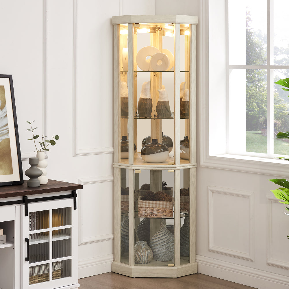 Lighted Corner Curio Cabinet - Elegant Glass Display Case for Living Room & Bar Storage - Perfect for Antique Collections & Wine - Includes Built-in Lighting - White