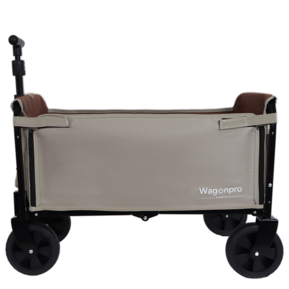 All-in-One Convertible Folding Camping Wagon Cart: Bench Seat, Storage Compartment & Included Dog Tether, Beige/Brown