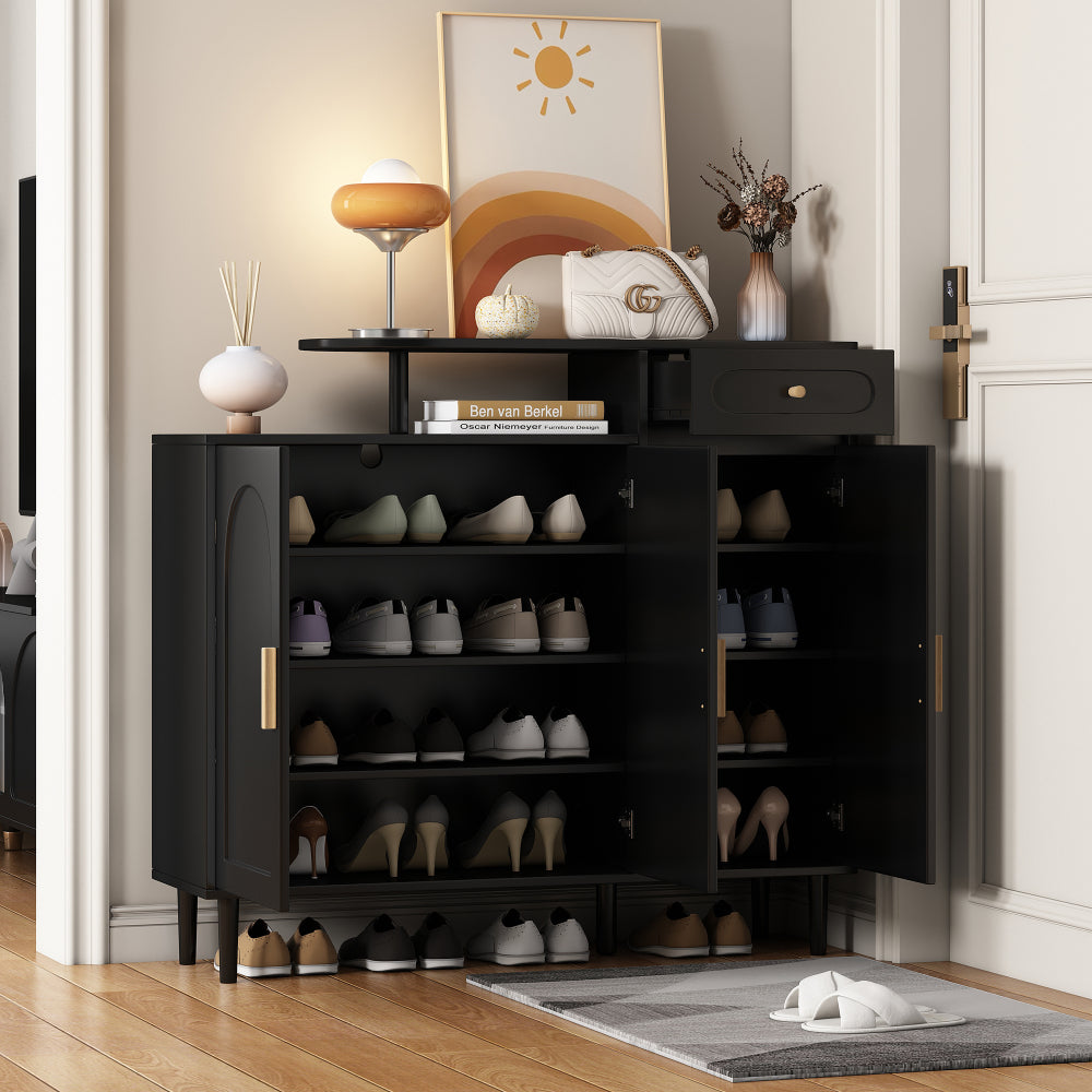 ON-TREND Elegant Shoe Cabinet with Arched Doors and Drawer, Cream Style Storage Sideboard with Adjustable Shelves and Solid Wood Legs for Entryway, Living Room, Black
