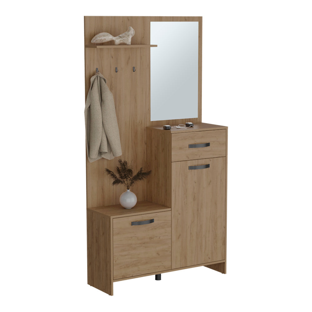 Hall Tree, 2 Doors, 1 Drawer, 1 Shelf, 1 Mirror