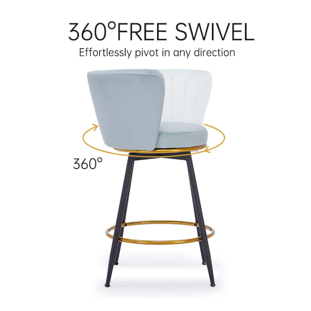 Counter Height Bar Stools Set of 2, 360° Swivel Upholstered Barstools with Backs and Metal Legs, 26" H Seat Height, Velvet Fabric,Goldy Footrest