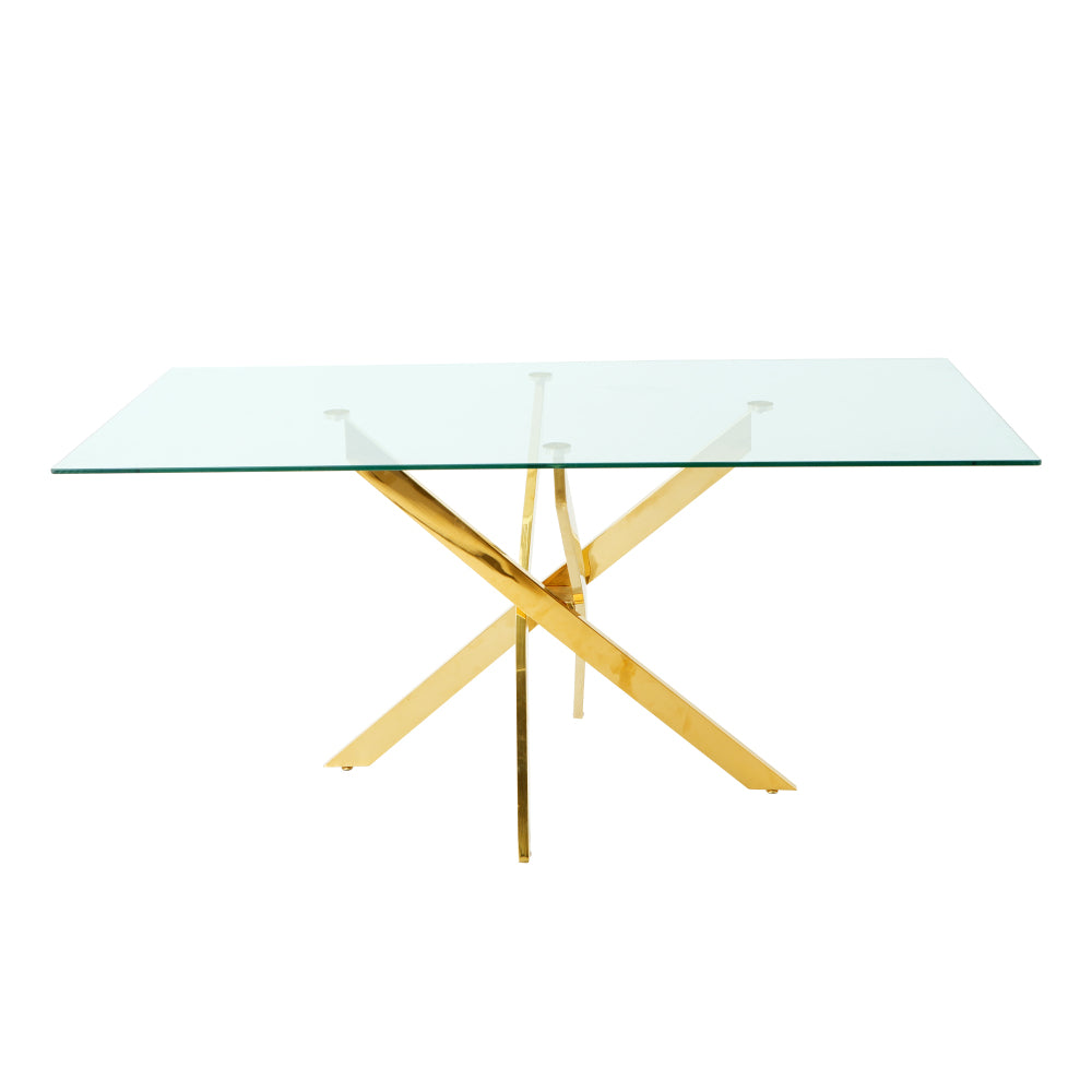 Modern Kitchen Glass dining table 63" Rectangular Tempered Glass Table top, Gold stainless steel legs , suitable for kitchens, restaurants, and living rooms(set of 1)