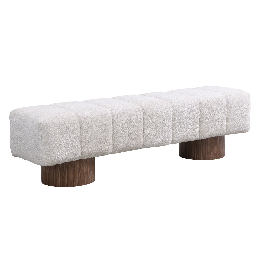 Upholstered Dining Bench for Dining Room, No-Assembly End of Bed Entryway Bench Ottoman for Bedroom Living Room, Beige Faux Fur Fabric Stool Top Wood Leg 300 LBS Weight Capacity
