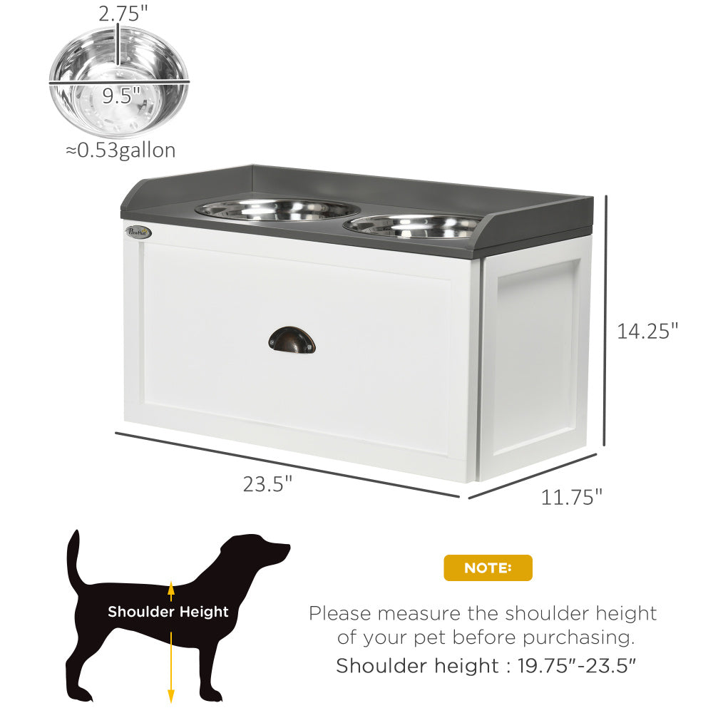 PawHut Dog Feeding Station with Storage Drawer, Dog Food Storage Cabinet with 2 Removable Elevated Dog Bowls for Large Sized Dogs, White
