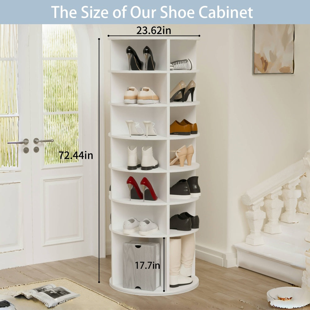 Rotating Shoe Rack Tower, 7-Tier Spinning Shoe Rack, Free Standing 360° Revolving Shoe Organizer,  High Bottom Design Shoe Tower Spinning Storage Lazy Susany, Fits 28 Pairs of Shoes (7-Tier White)