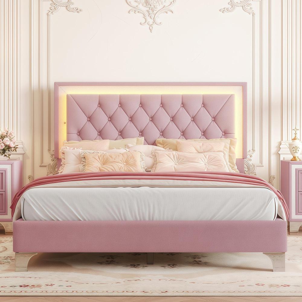 3-Pieces Bedroom Sets,Queen Size Upholstered Platform Bed with LED Lights and Two Nightstands-Gray