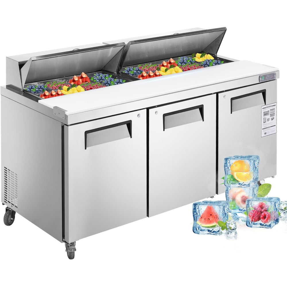 72" W 3 Door Refrigerator Sandwich Salad Prep Table Commercial Stainless Steel Fan Cooling Refrigerator with Cutting Board, 3 Shelves & 30 Pans for Restaurant, Bar, Shop-20 Cu.ft