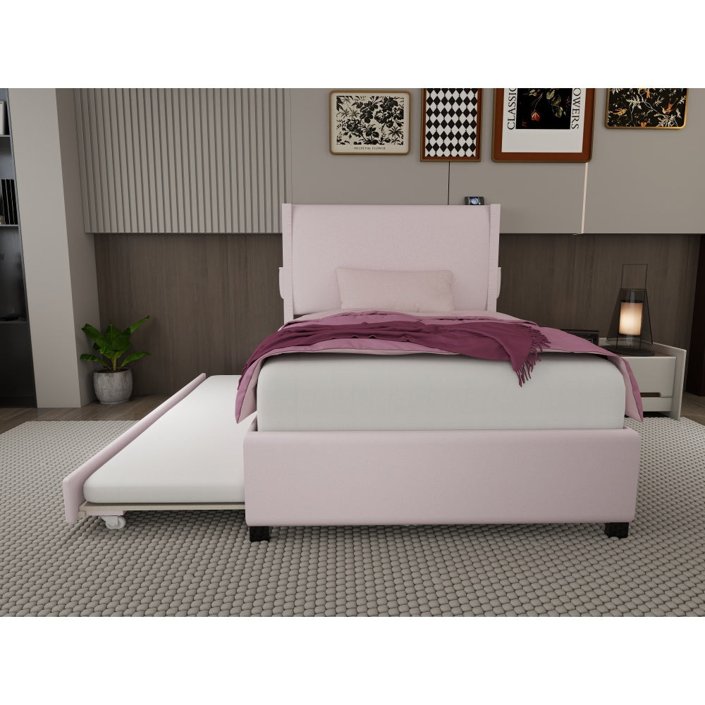 PINK TWIN SIZE UPHOLSTERED BED FRAME WITH TRUNDLE BED, TEDDY FABRIC, USB FUNCTIONALITY, AND A POCKET DESIGN ON THE SIDE OF THE HEADBOARD FOR STORING SMALL ITEMS. PINK IS A GIRL'S FIRST CHOICE!
