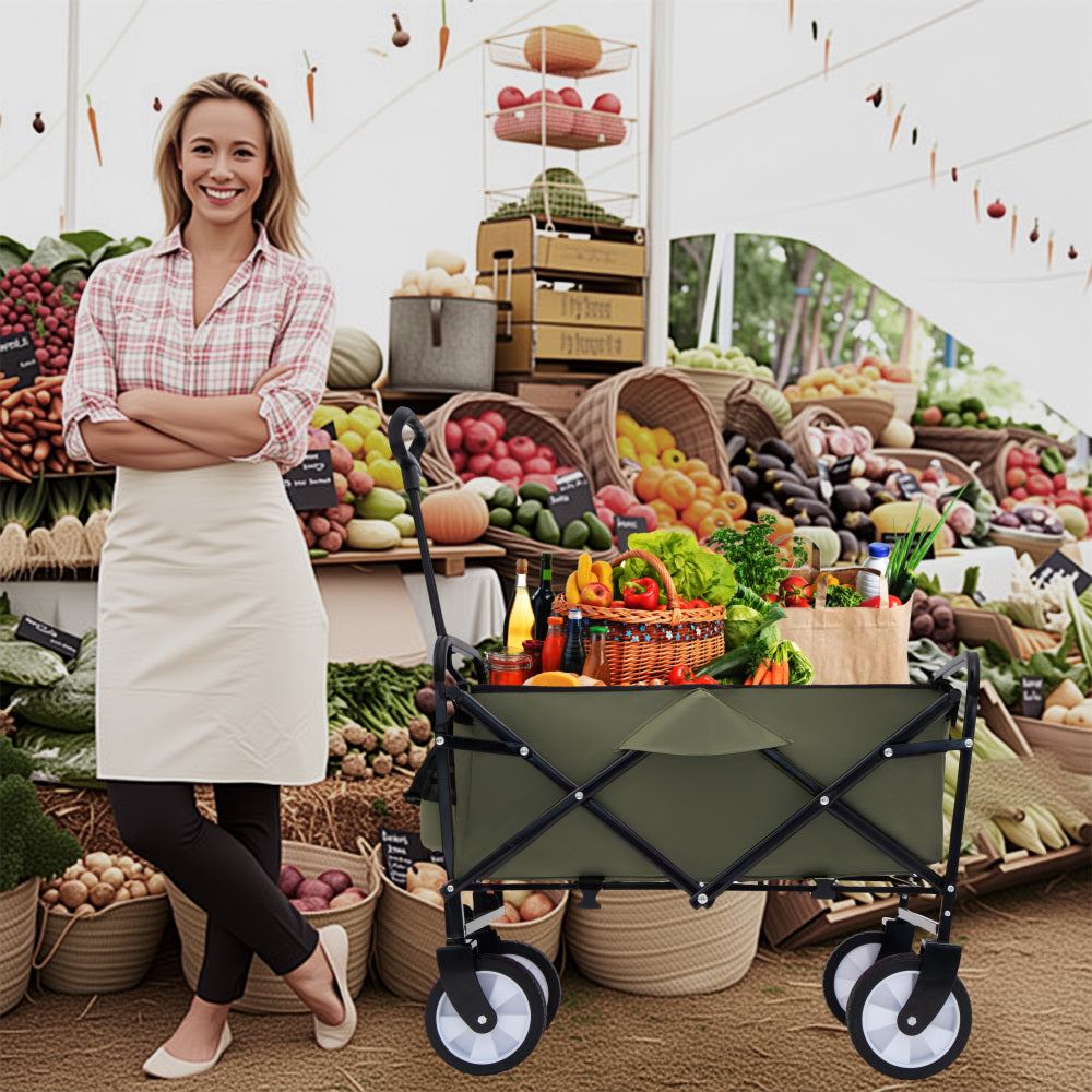 Minimeetall Strap Collapsible Foldable Wagon Cart with strapping system, Beach Wagon, Utility Cart, Utility Wagon Grocery Cart for Camping Shopping Sports Gardeing Fishing Supports 225lbs, army green